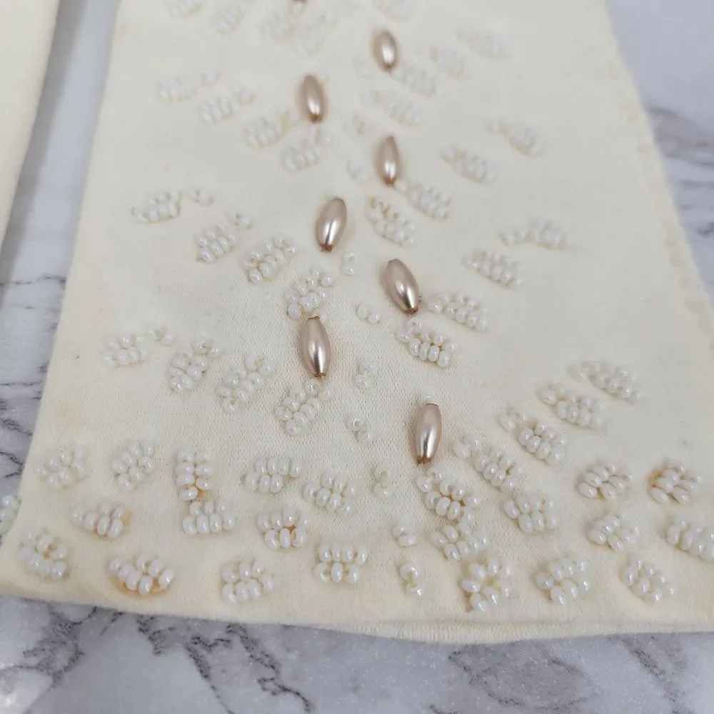Vintage 50s English Cotton Beaded Evening Dress Formal Gloves